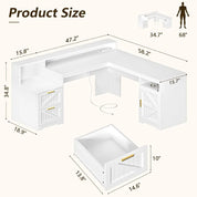 63" Farmhouse L Shaped Executive Desk with Drawers & Storage Shelf, Corner Computer Desk with Power Outlets, L Shaped Office Des