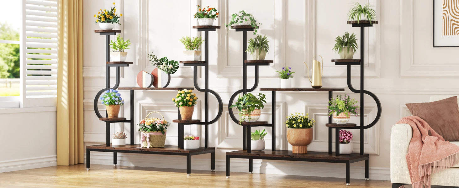 8-Tier Metal Plant Shelf for Multiple Plants, Round & Square Boards