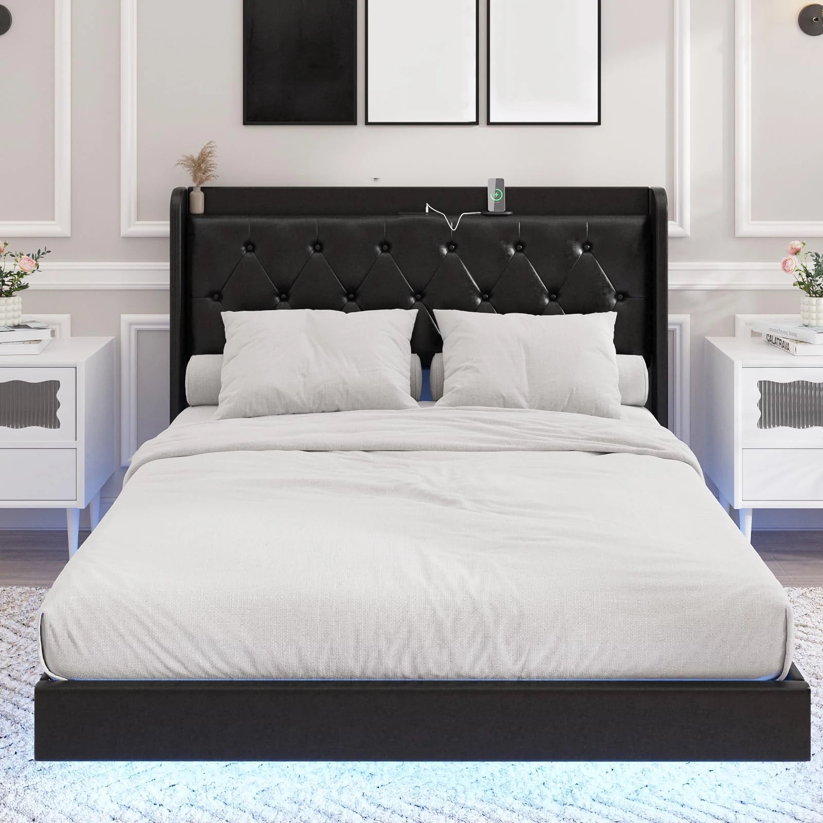 Vabches Floating Queen Bed Frame with LED Lights Upholstered PU Leather Platform Bed Frame with Power Outlet Storage Headboard