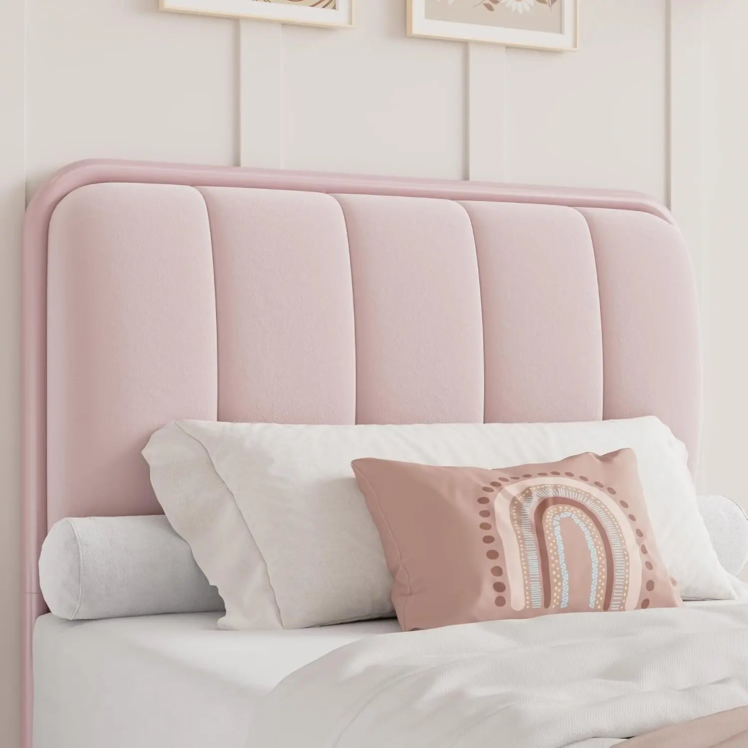 Twin Size Upholstered Pink Bed Frame with Button Tufted Headboard