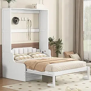 Full Murphy Bed with Storage Shelves, Drawers, LED Light, and Flexible Slats Support