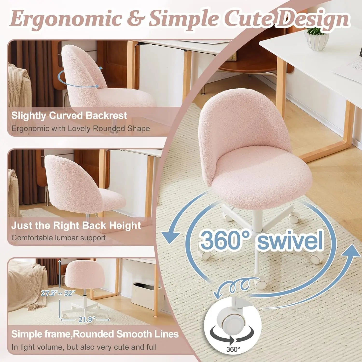 Cute Armless Desk Chair with Lumbar Support & Wheels