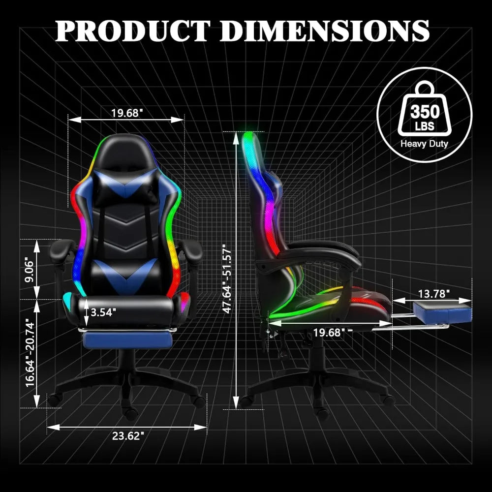 Racing Style RGB LED Lights Gaming Chairs for Adults and Kids with Lumbar Massager