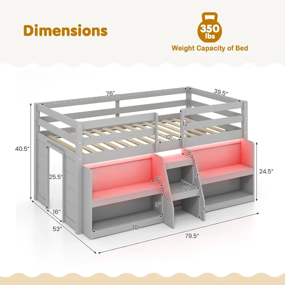 Kids Loft Bed with LED Light, Wooden Double Loft Bed with Stairs and Safety Guardrail, with Storage Bookcase