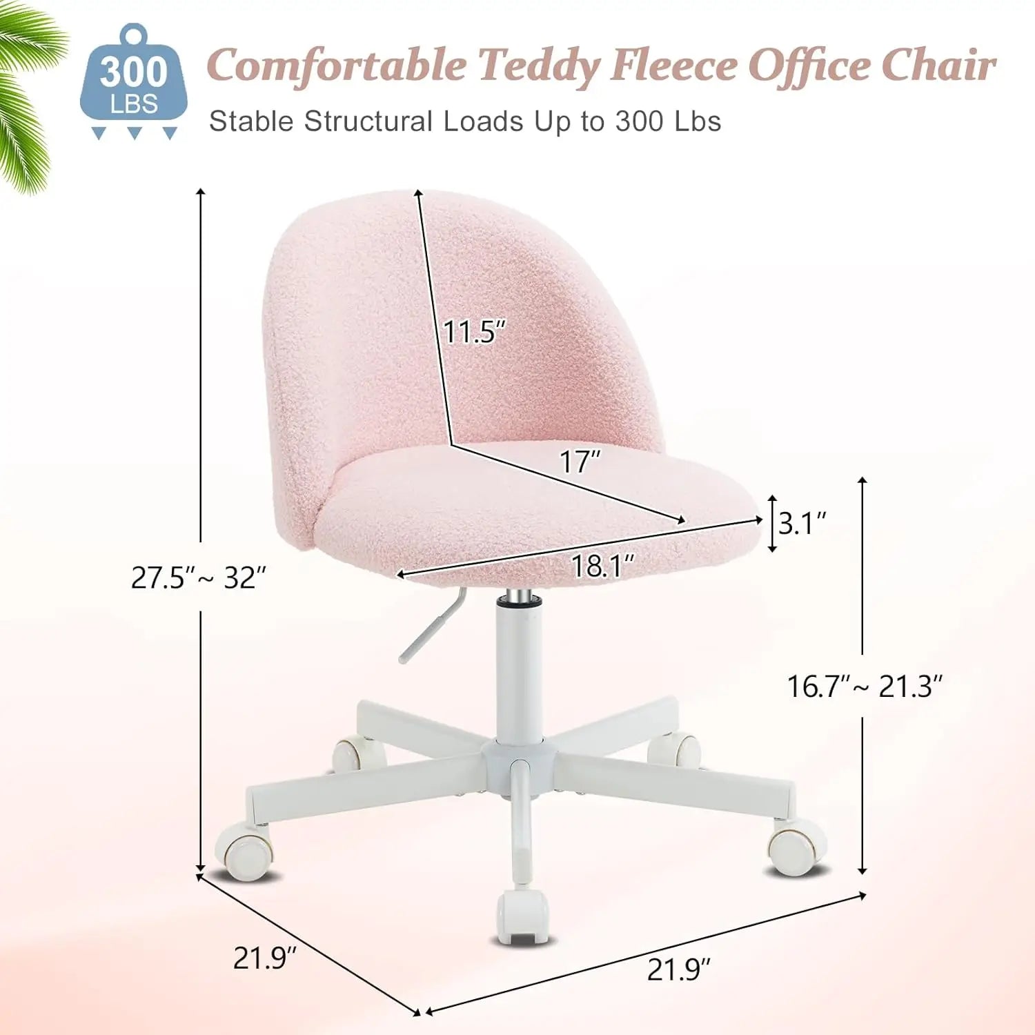 Cute Armless Desk Chair with Lumbar Support & Wheels