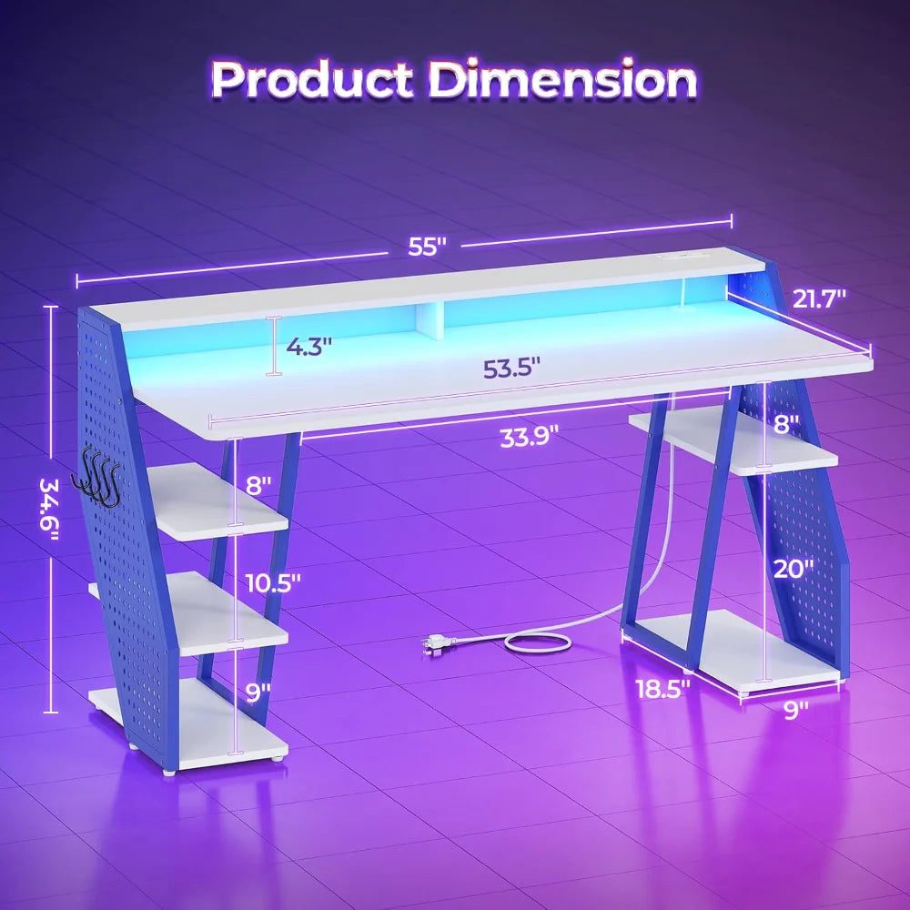 Gaming Table 55'' with LED Light and Storage Shelves, Computer Table with Monitor Stand, Power Outlets and Pegboard, White/Blue