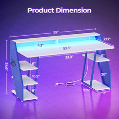 Gaming Table 55'' with LED Light and Storage Shelves, Computer Table with Monitor Stand, Power Outlets and Pegboard, White/Blue