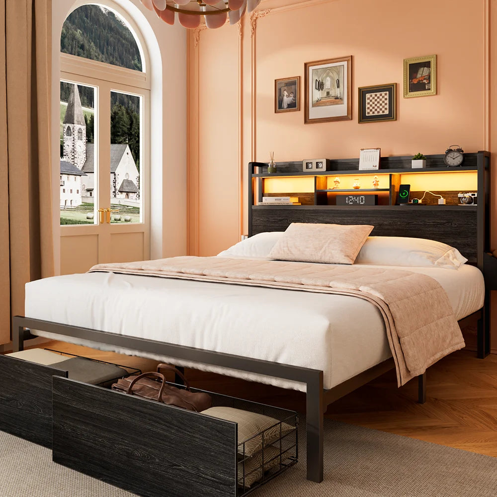 Full/Queen Size Bed Frame with Storage Headboard, Metal Platform Bed Frame with Storage Drawers, LED Lights and Charging Station