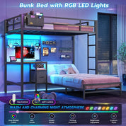 Bunk Bed Twin Over Twin Size with Desk and Charging Station L-Shaped Metal Bunk Bed with Led Lights & Storage Shelves and Drawe