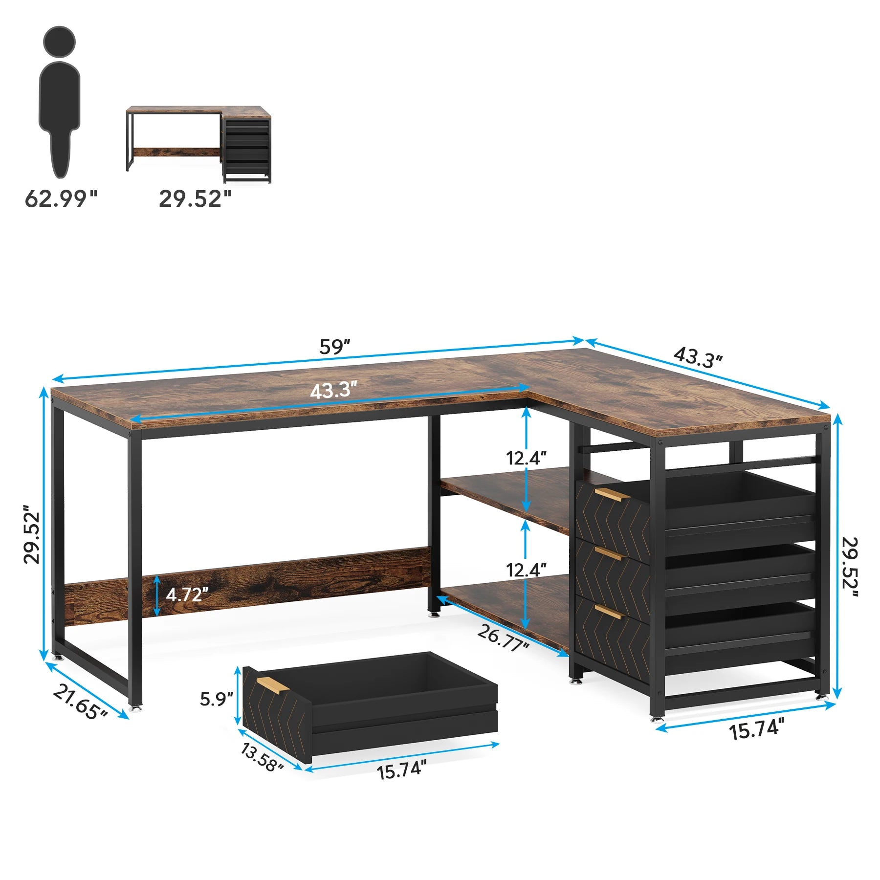 FurnishSpot SpaceSmart™ L-Shaped Computer Desk with Drawers & Open Storage