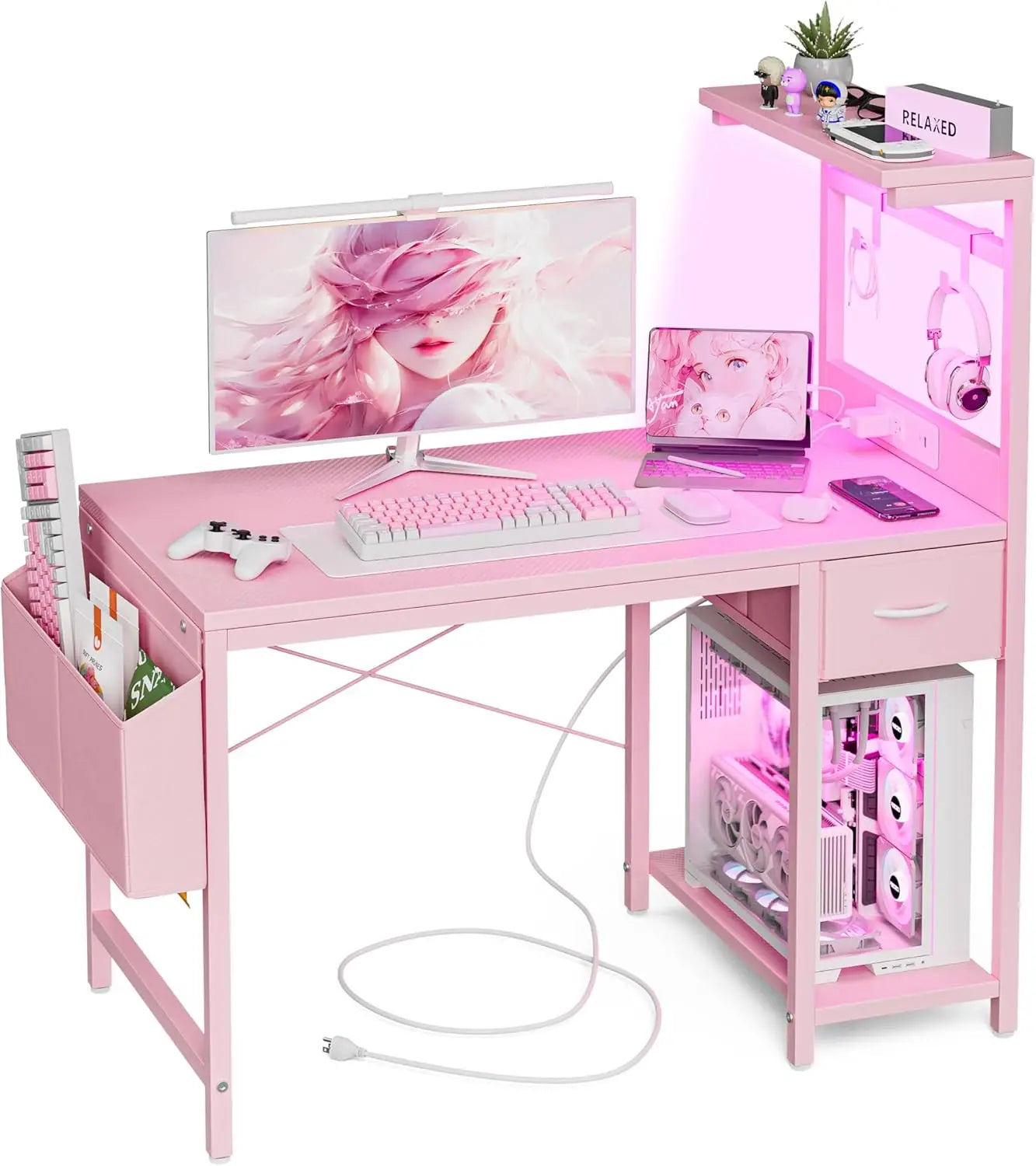 FurnishSpot™ 40” Gaming Desk with LED Lights & Power Outlet – Carbon Fiber Computer Desk with Storage Drawer for Small Spaces