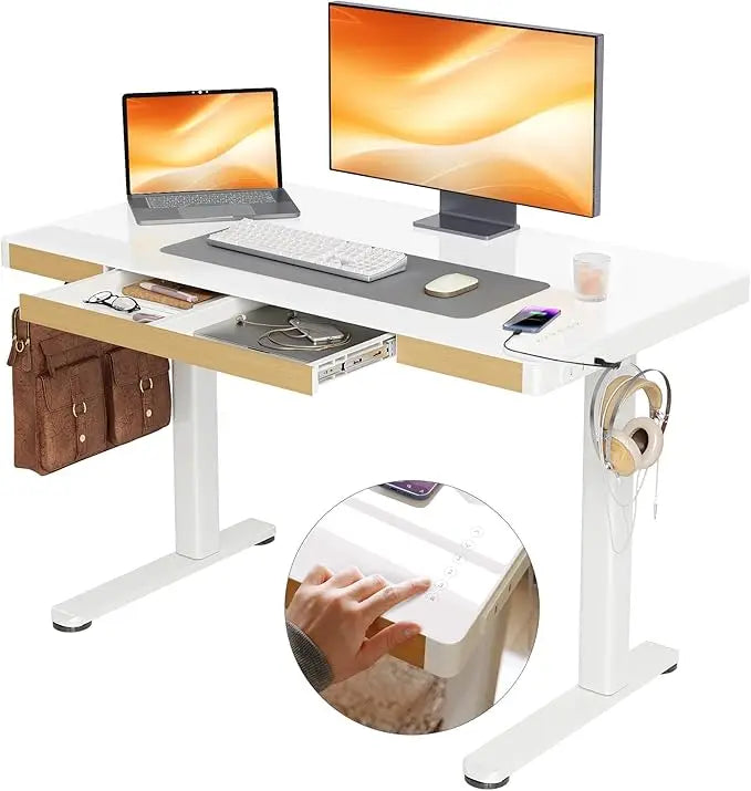 Glass Standing Desk with Drawers, 40 Inch Adjustable Stand Up Desk, Quick Install Home Office Computer Desk with USB Ports, Blac
