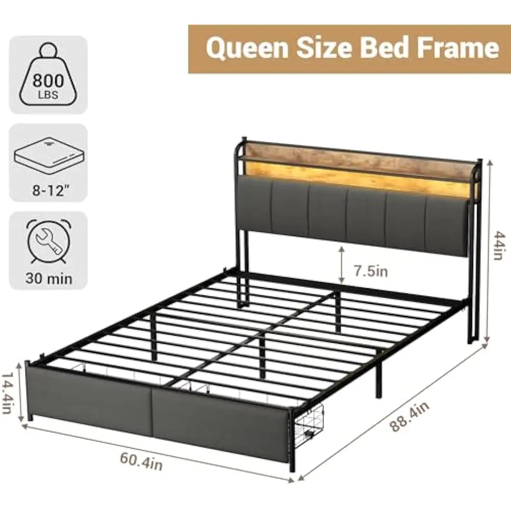 LED Queen Size Bed Frame with Storage Drawer and Charging Station