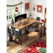 FurnishSpot SpaceSmart™ L-Shaped Computer Desk with Power & Storage – Rustic Brown