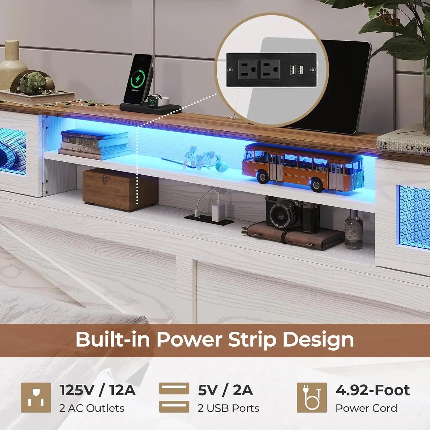 Farmhouse Bed Frame King Size with Bookcase Headboard,  King Bed with LED Lights and Charging Station, Accent with Sliding,White