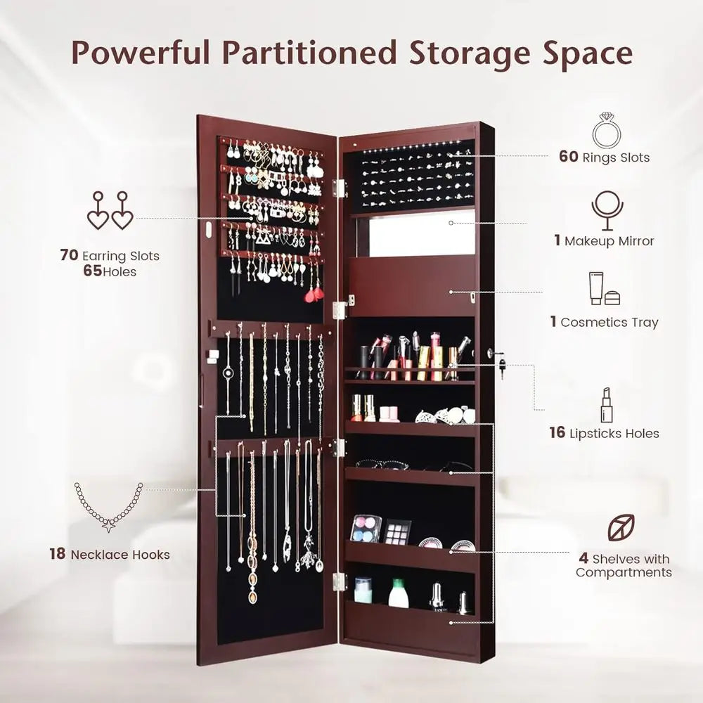 53.5" Full-Length Mirror Jewelry Cabinet with 12 LED Lights | Wall or Door Mounted Lockable Armoire