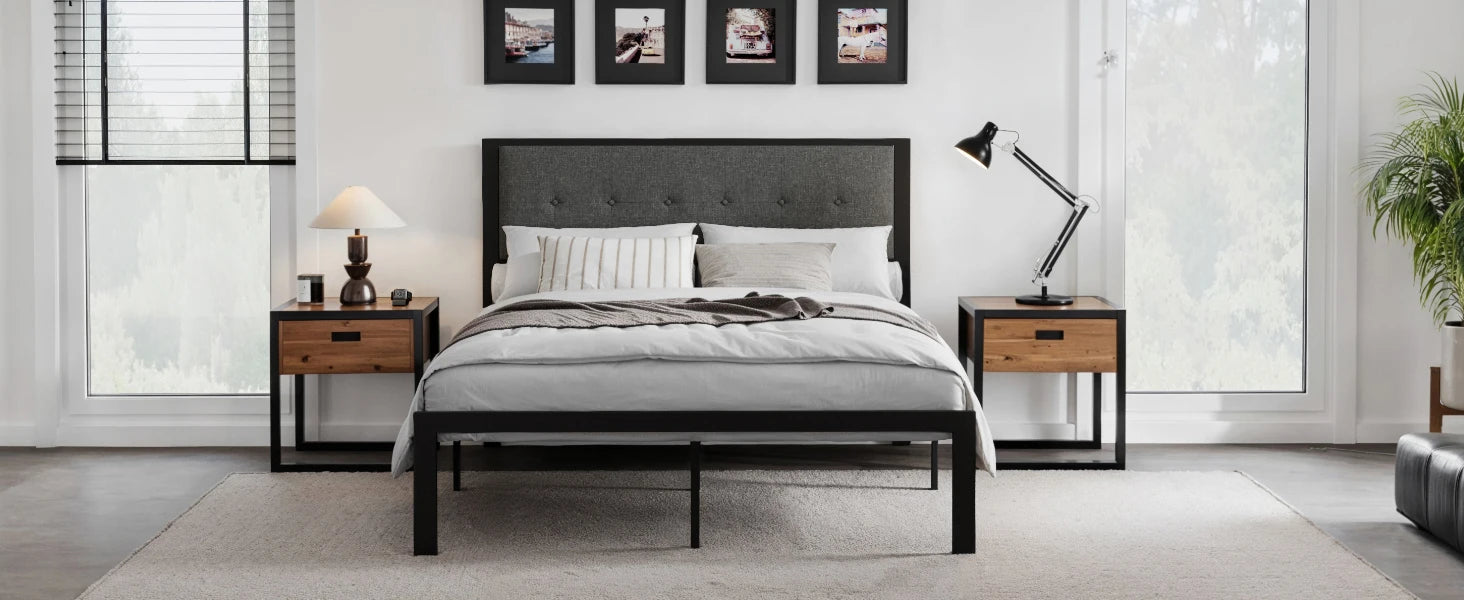 HOOMIC Metal Bed Frame, Upholstered Headboard with Square Stitched, Classic Button Tufted, Faux Leather, No Box Spring Needed