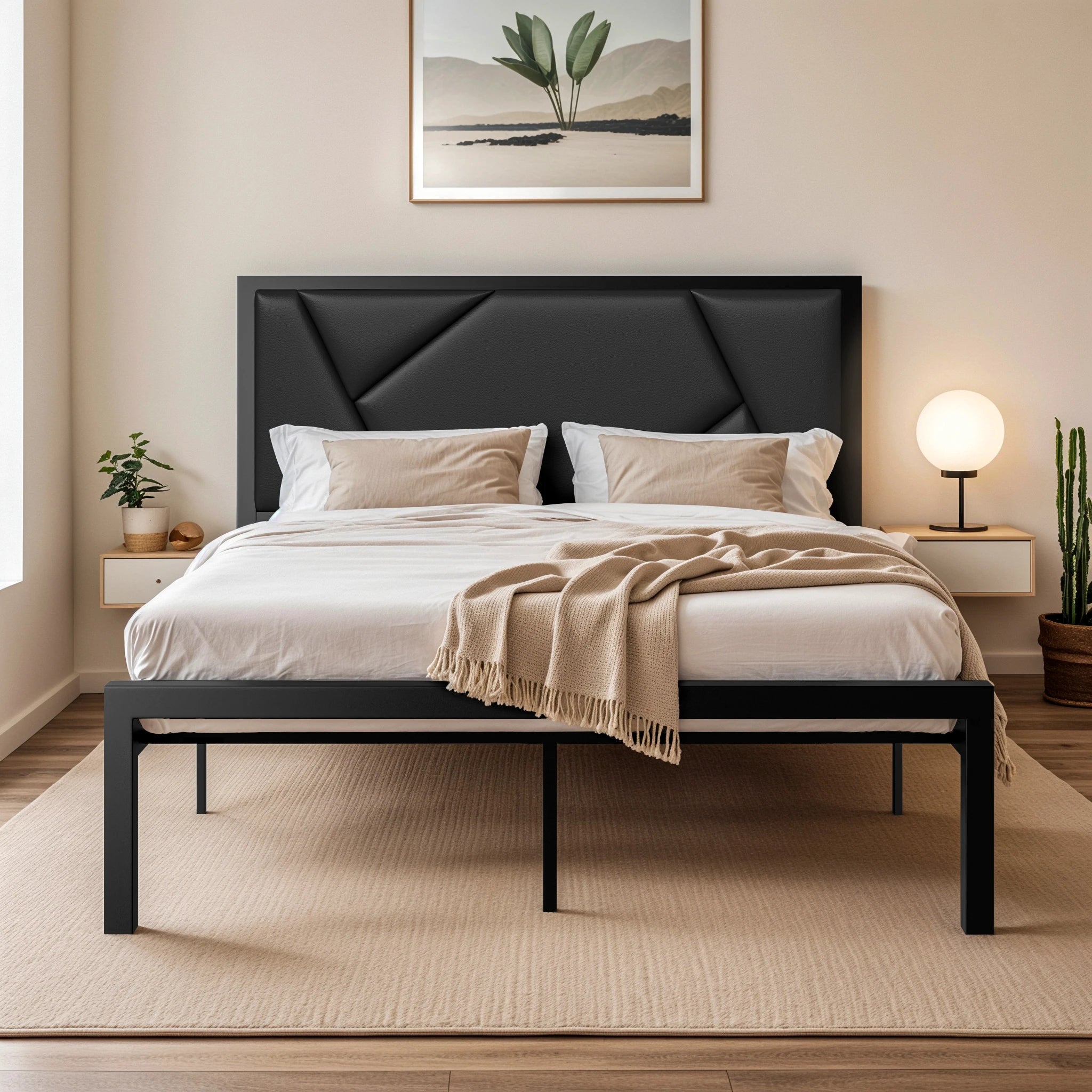 HOOMIC Metal Bed Frame with Upholstered Headboard, Litchi Grain Faux Leather Design, Easy Assembly, No Box Spring Needed Allewie