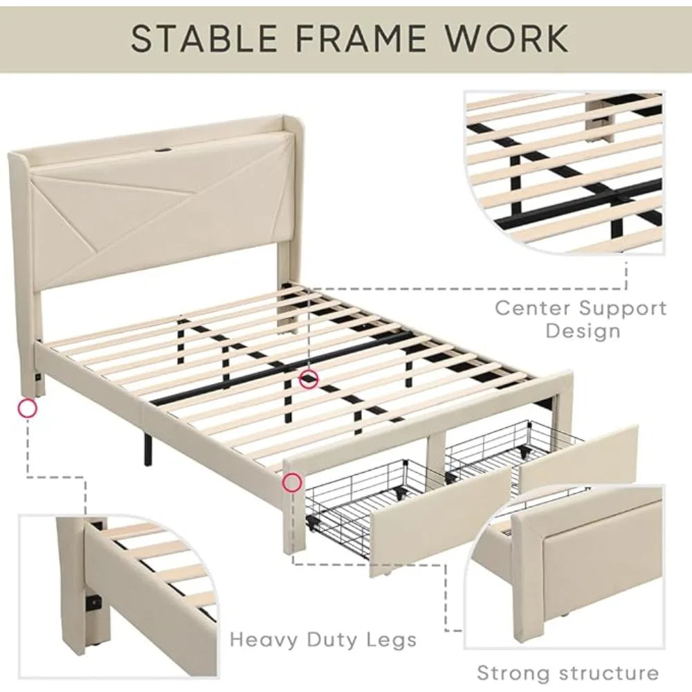 Upholstered Bed Frame w/Charging Station&2 Storage Drawers, Upholstered Headboard Platform Bed, No Box Spring Needed, Beds Frame
