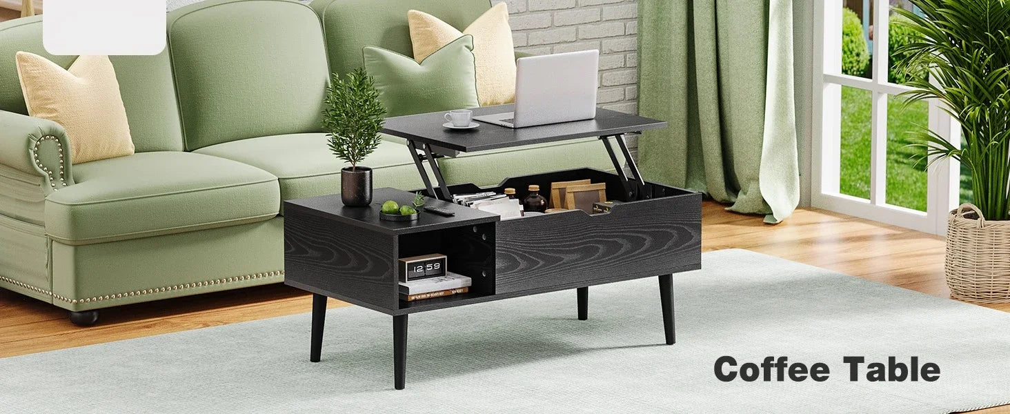 Wooden Coffee Table, Lift Top Coffee Table with Large Hidden Compartment and Shelf, Lift Tabletop Dining Table for Living Room