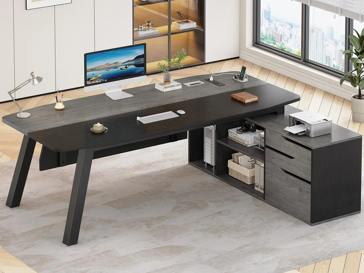 FurnishSpot® Executive L-Shaped Desk with File Drawer, Storage Cabinet & Built-In Charging Station