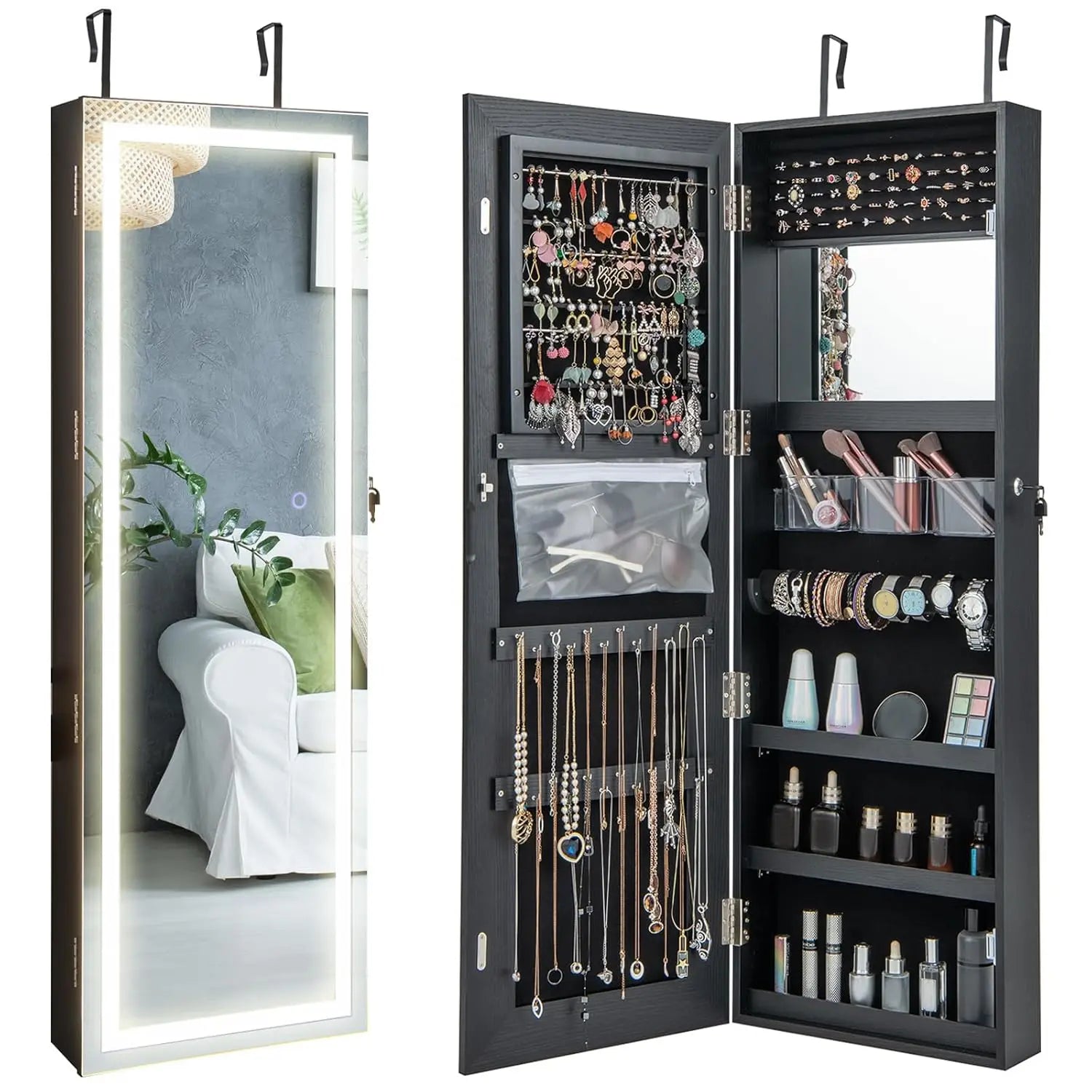 LED Jewelry Armoire with Adjustable Lighted Full-Length Mirror | Wall Mounted or Over Door