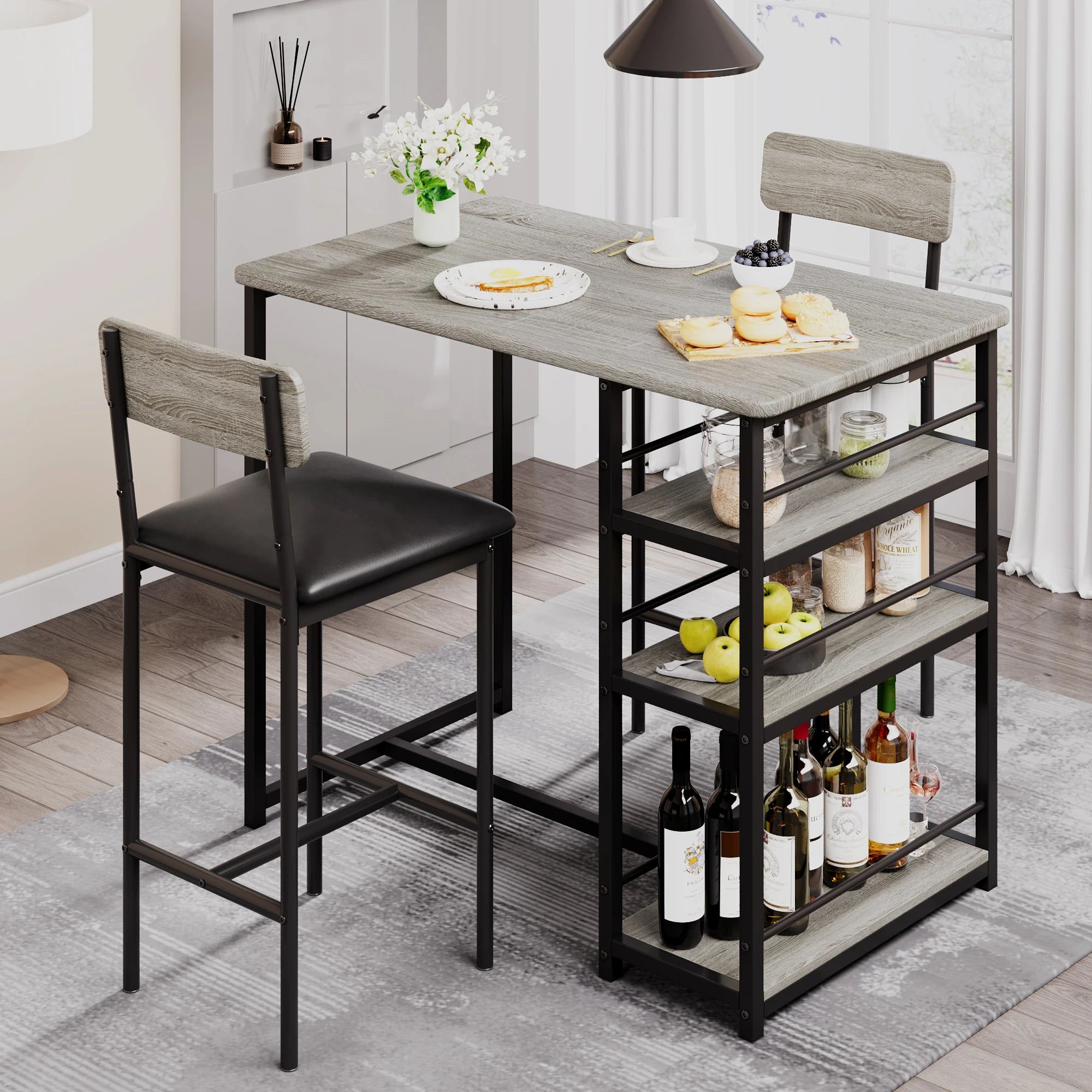 FurnishSpot® Counter Height Dining Table Set with Storage Shelves & Padded Stools – 3-Piece Space-Saving Set