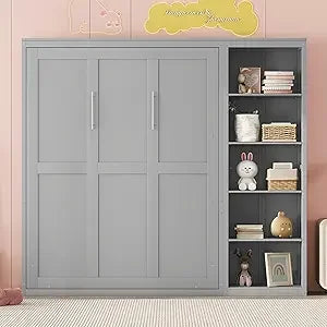 Full Murphy Bed with Storage Shelves, Drawers, LED Light, and Flexible Slats Support