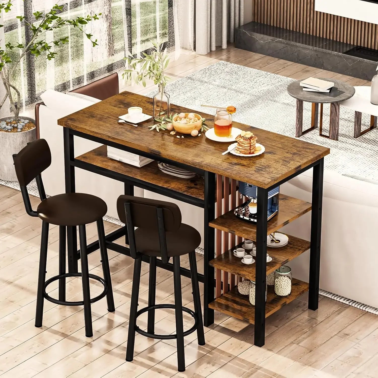 FurnishSpot® Rustic Brown Bar Table Set with Storage Shelves & PU Backrest Stools – 3-Piece Pub Dining Set