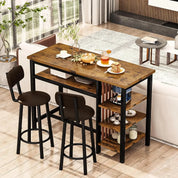 FurnishSpot® Rustic Brown Bar Table Set with Storage Shelves & PU Backrest Stools – 3-Piece Pub Dining Set