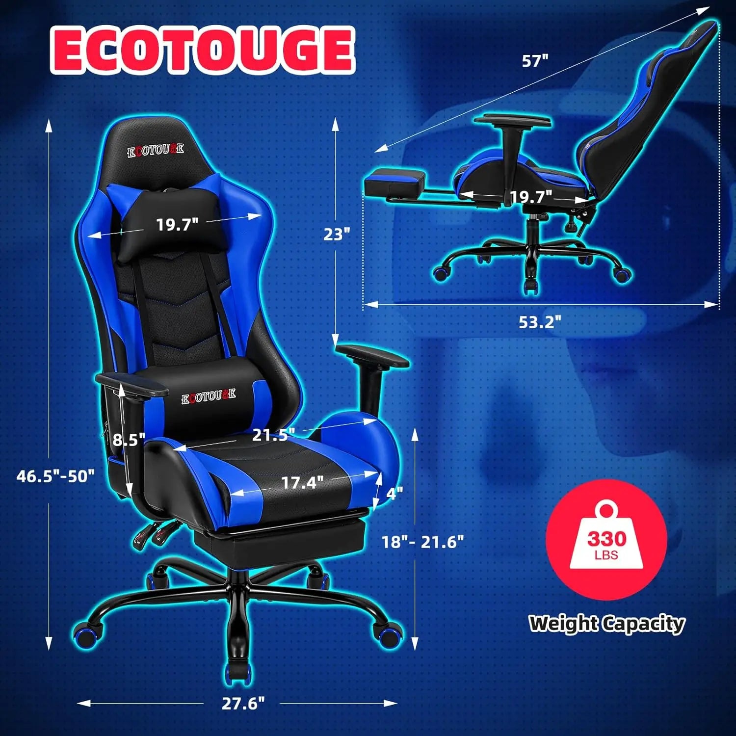 Gaming Chair w/ Footrest: Ergonomic PU Leather Recliner & Rocker, Massage Headrest/Lumbar (Blue)