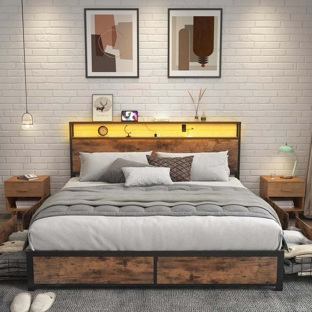 Queen Bed Frame with 2-Tier Storage Headboard, Metal Frame with 4 Storage Drawers, and Built in Charging
