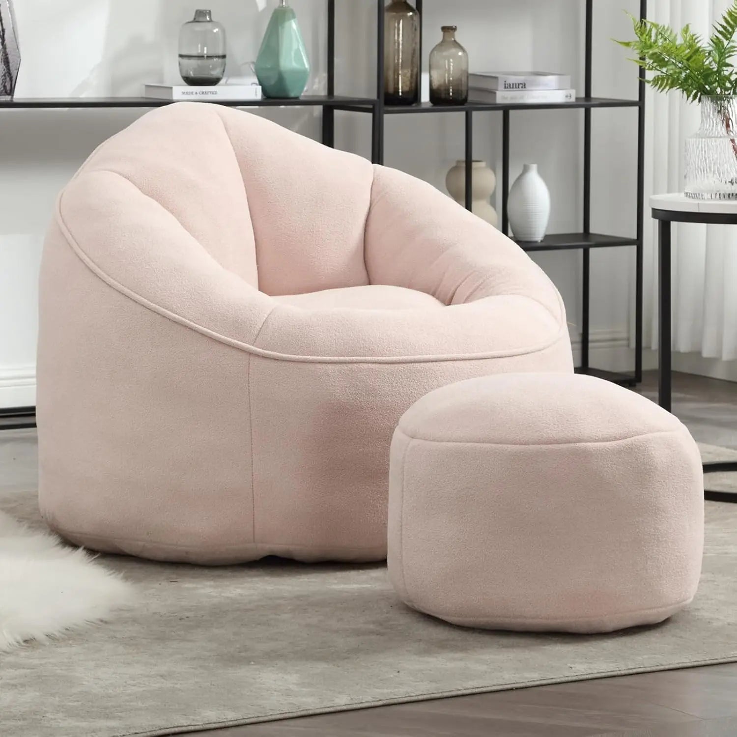 Bean Bag Chair for Adult, Microfiber Upholstered Bean Bag Sofa with Petal Back, Shell-Shaped Beanbag Chair with Footstool