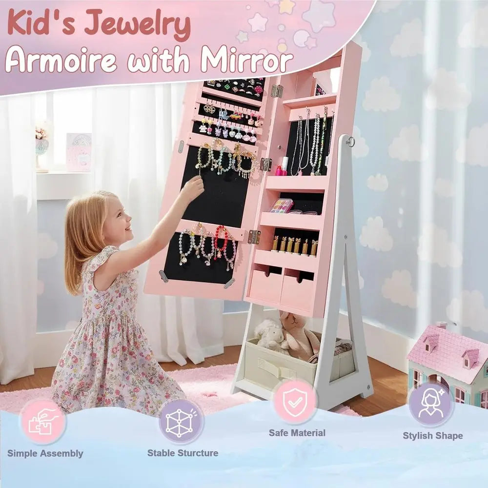 Children's Pink Rabbit-Themed Armoire with Removable Drawers and Full-Length Mirror
