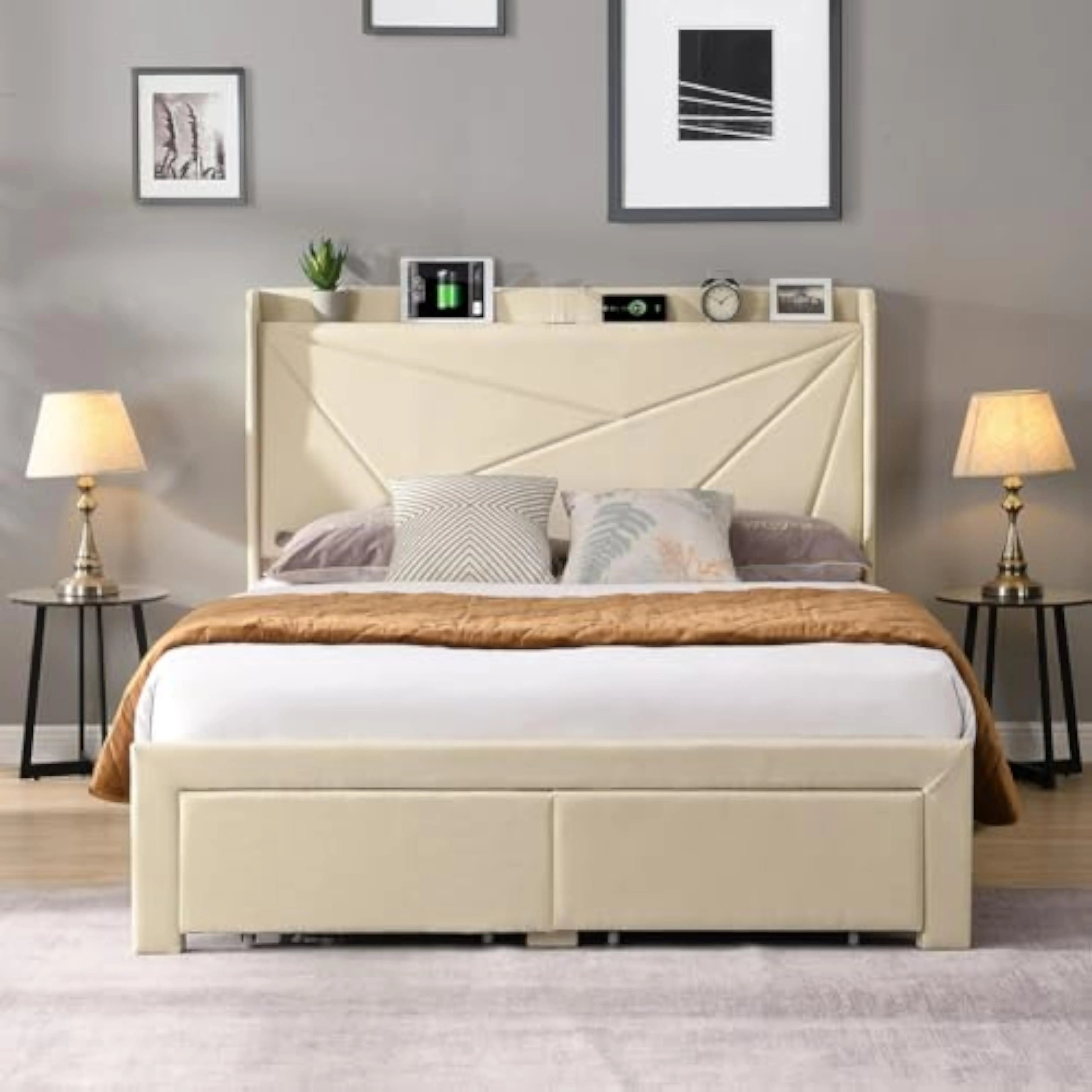 Upholstered Bed Frame w/Charging Station&2 Storage Drawers, Upholstered Headboard Platform Bed, No Box Spring Needed, Beds Frame