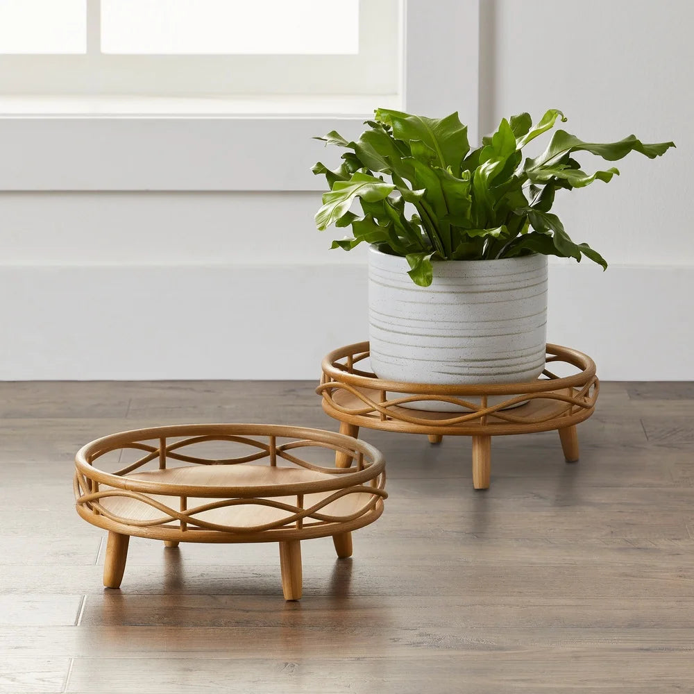 Rustic Rattan Plant Stand Round Weather Resistant Indoor Outdoor Display Holder Wooden Flower Pot Stand Home Garden Décor