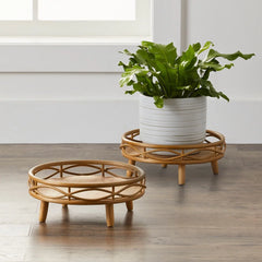 Rustic Rattan Plant Stand Round Weather Resistant Indoor Outdoor Display Holder Wooden Flower Pot Stand Home Garden Décor