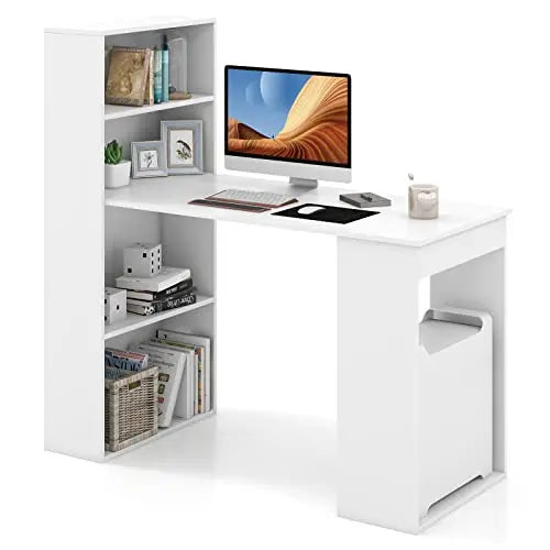 48 Inch Computer Desk with Bookshelf Reversible Study Writing Desk with Storage Shelves CPU Stand Compact Office Desks & Worksta