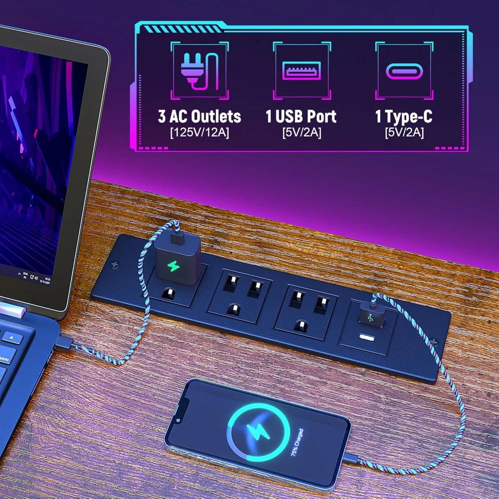 55" Gaming Desk with LED Lights & Outlets,Computer Desk with Drawers & Monitor Stand,Gaming Table with Storage Shelves