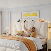 Queen Size LED Platform Bed Frame with Velvet Headboard, Charging Station & RGB LED Lights