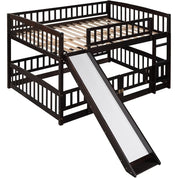 Full Over Full Low Bunk Bed with Slide and Fence Railings Wood Floor Bunk Beds with Ladder for Toddler Kids Boys Girls, Espresso