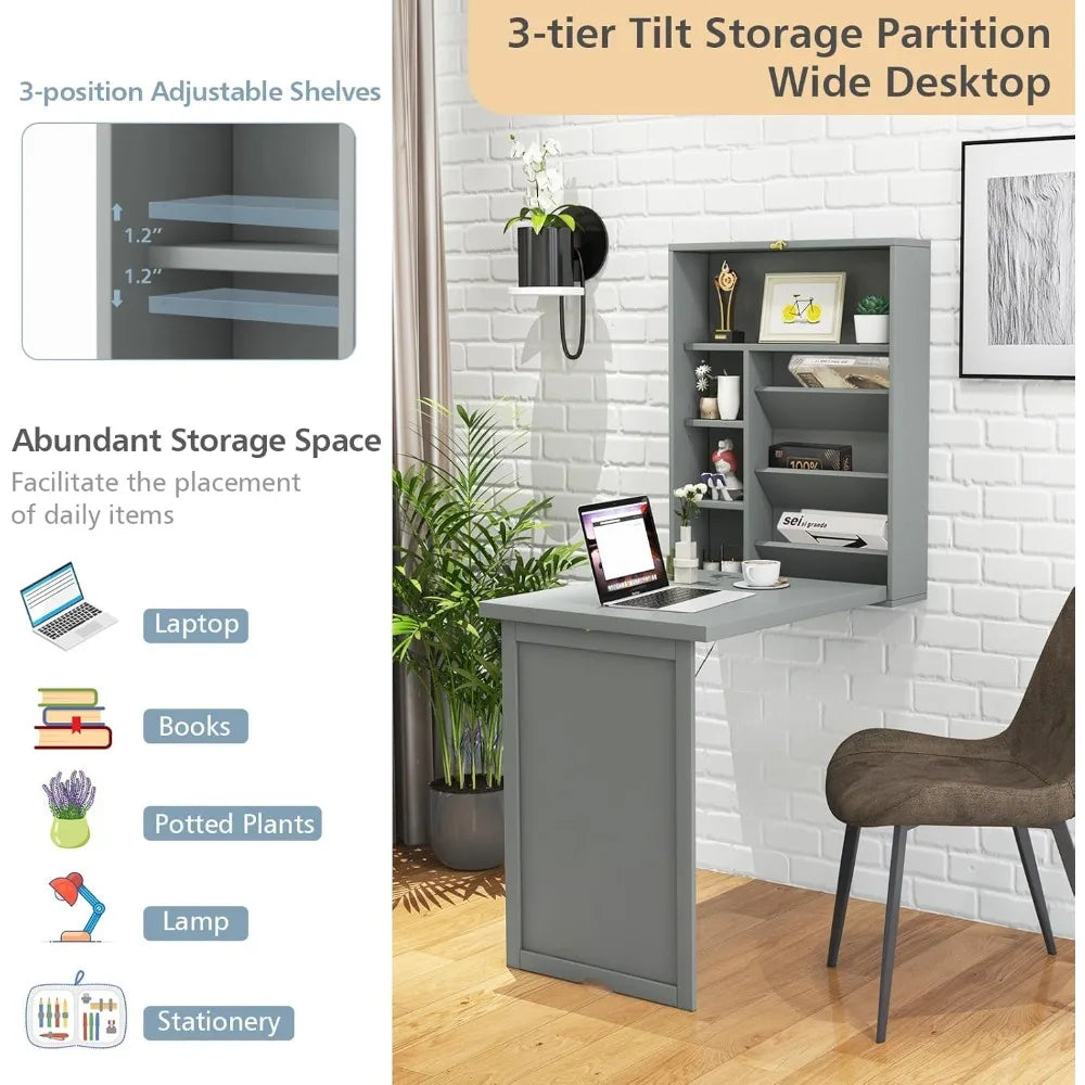 FurnishSpot Wall-Mounted Folding Desk with Storage | Space-Saving Floating Fold-Down Desk