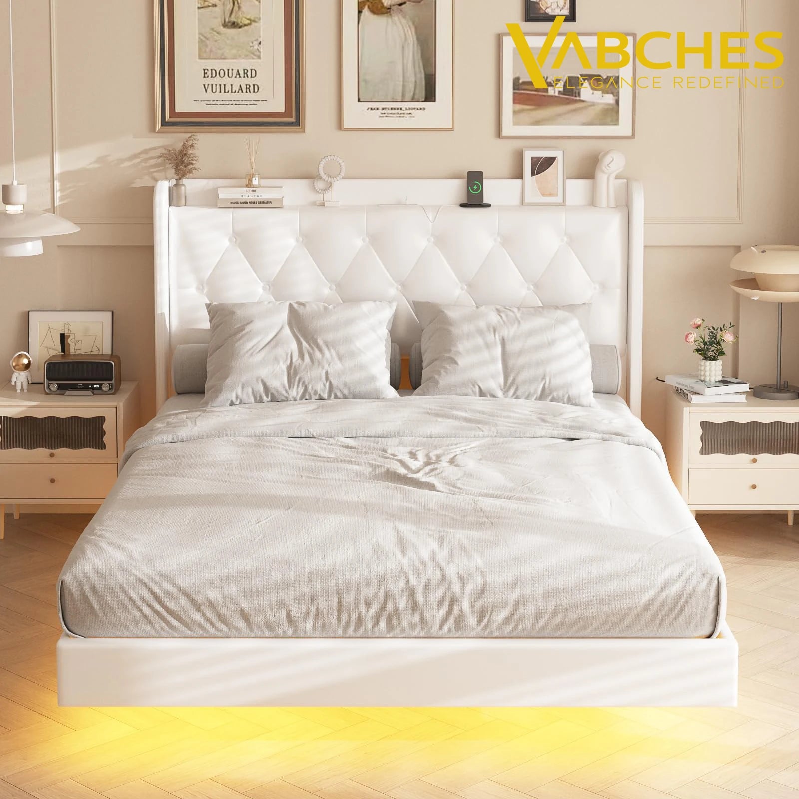 Vabches Floating Queen Bed Frame with LED Lights Upholstered PU Leather Platform Bed Frame with Power Outlet Storage Headboard