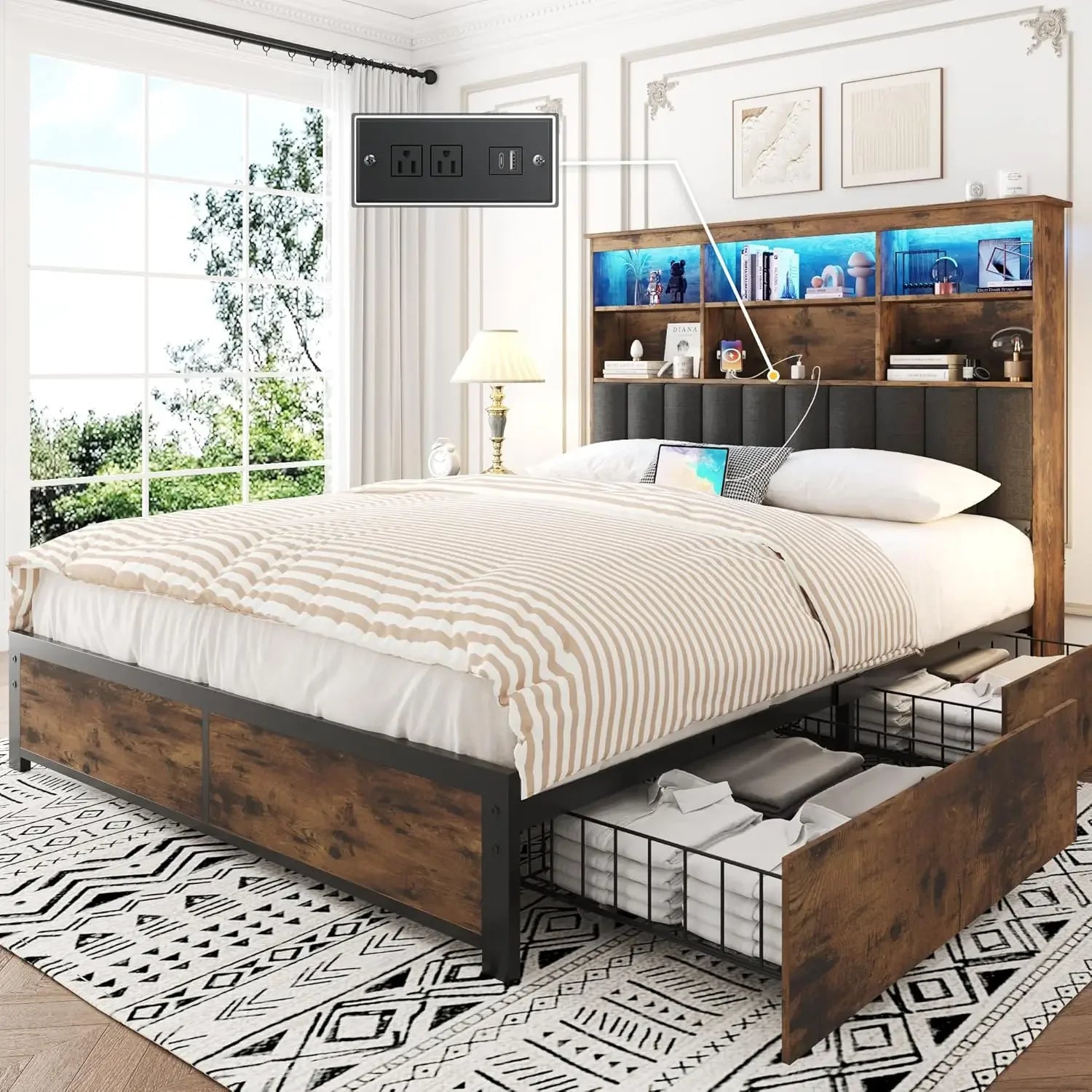 Bed Frame Queen Bed Headboard, Queen  Storage Bookcase Headboard,4 Storage Drawers & Charging Station & LED,No Box Spring Needed