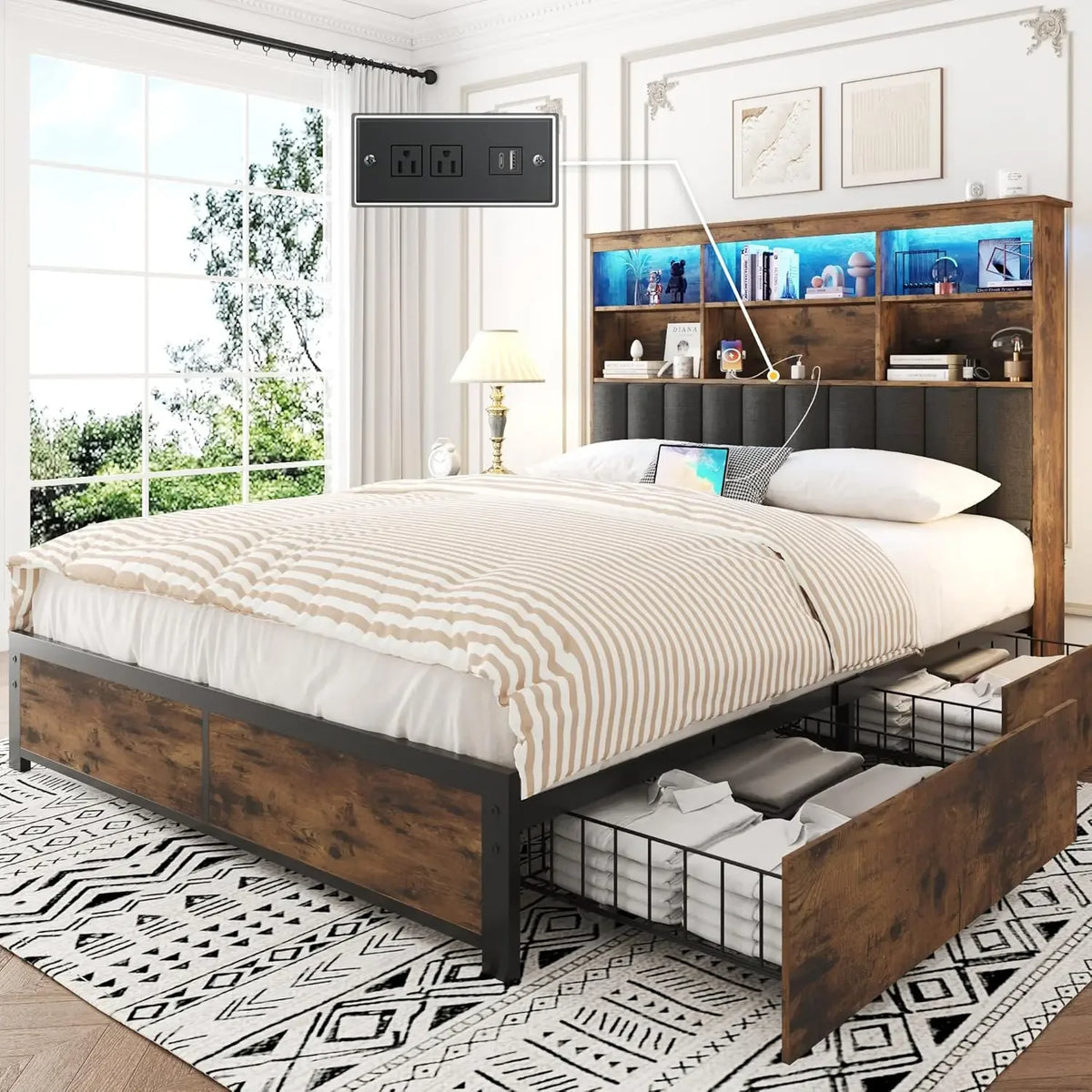 Bed Frame Queen Bed Headboard, Queen  Storage Bookcase Headboard,4 Storage Drawers & Charging Station & LED,No Box Spring Needed