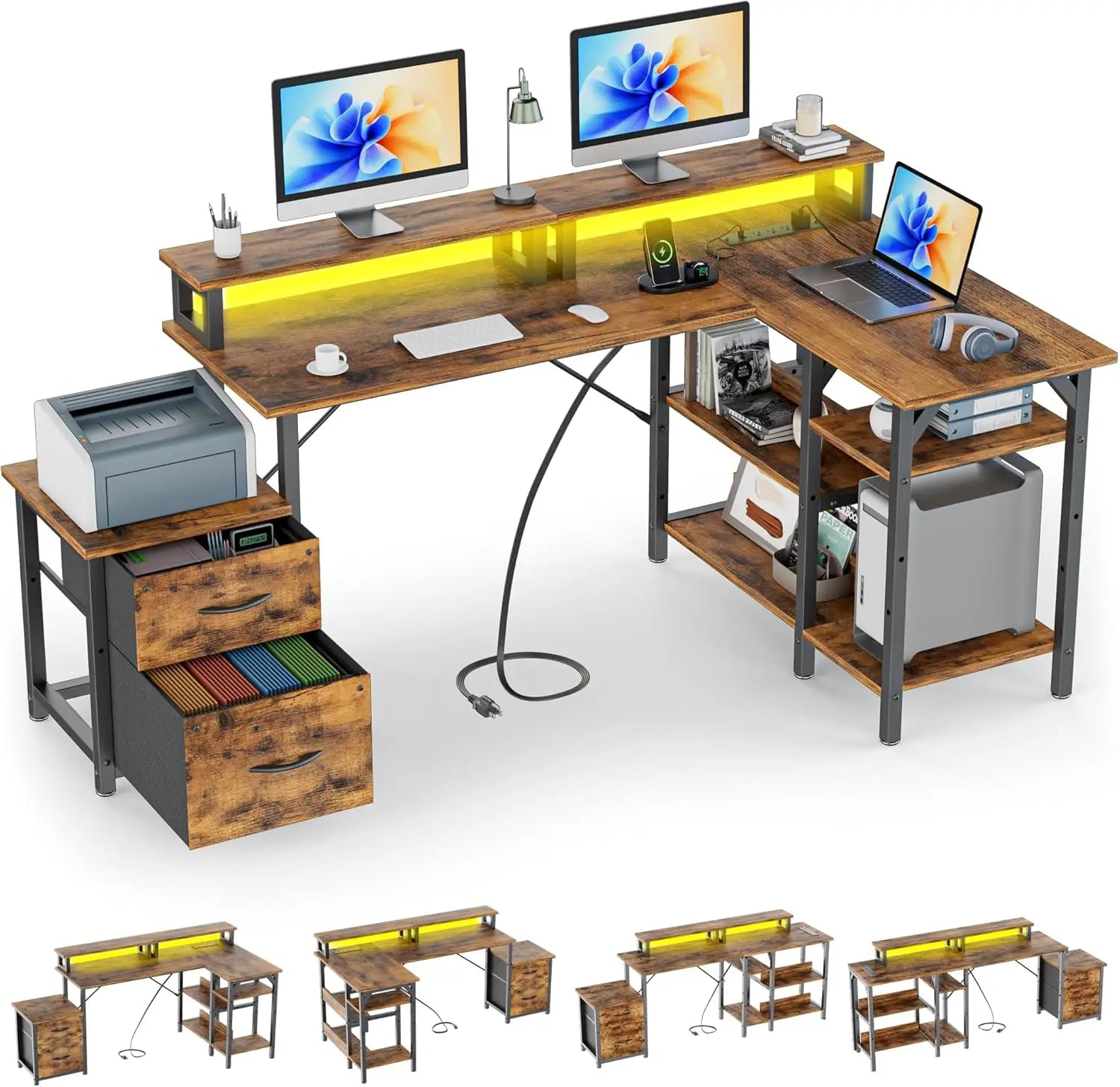 FurnishSpot® Reversible L-Shaped Computer Desk with LED Monitor Stand, Storage & Charging Station