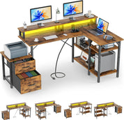 FurnishSpot® Reversible L-Shaped Computer Desk with LED Monitor Stand, Storage & Charging Station