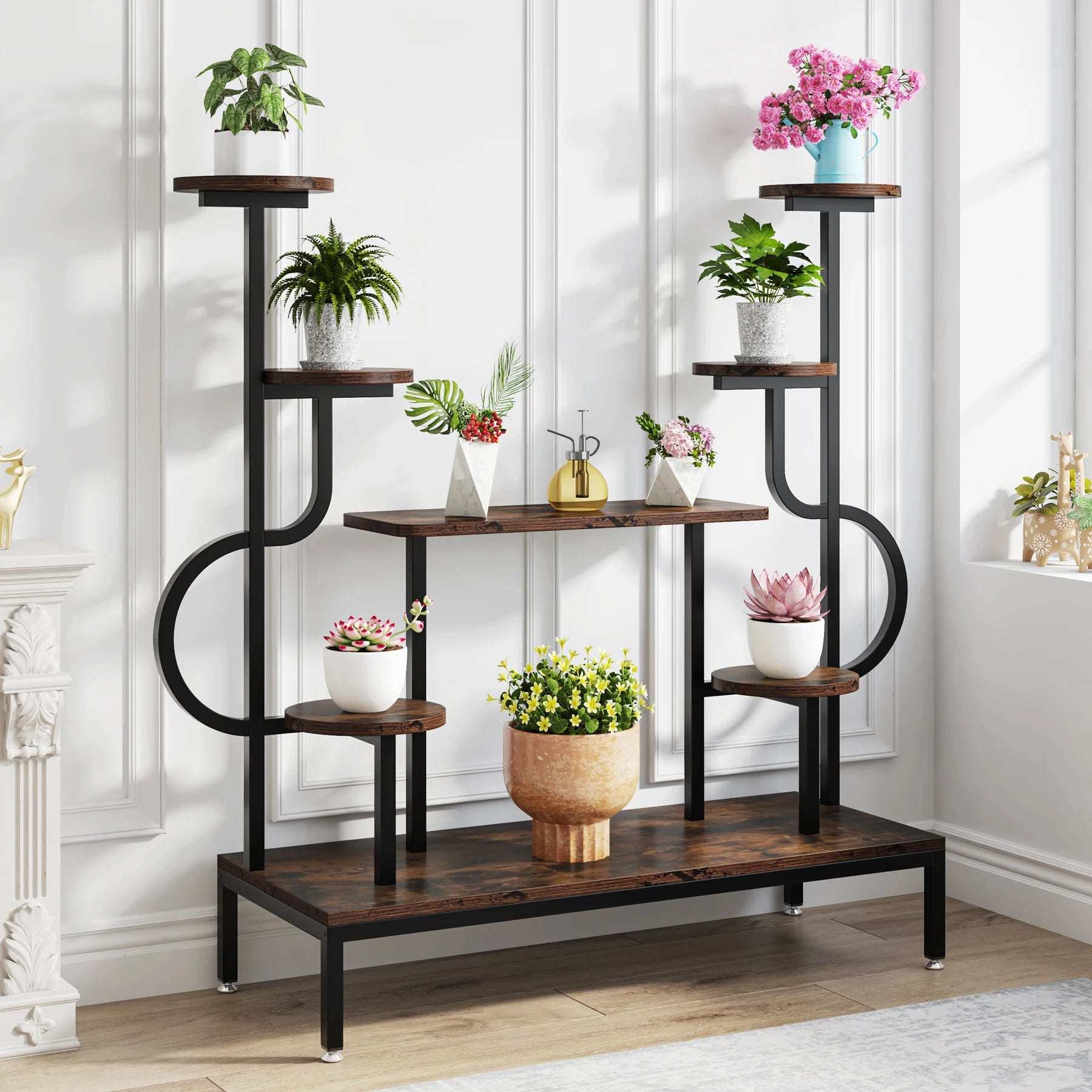 8-Tier Metal Plant Shelf for Multiple Plants, Round & Square Boards