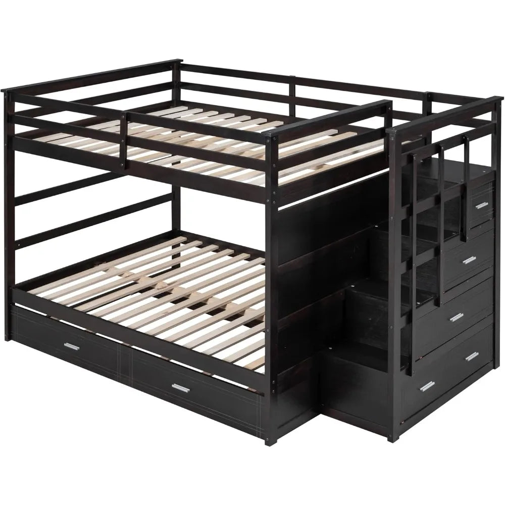 Full Over Full Bunk Bed with Twin Size Trundle and Stairs, and Storage Drawers