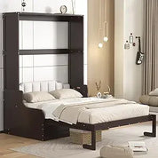 Full Murphy Bed with Storage Shelves, Drawers, LED Light, and Flexible Slats Support